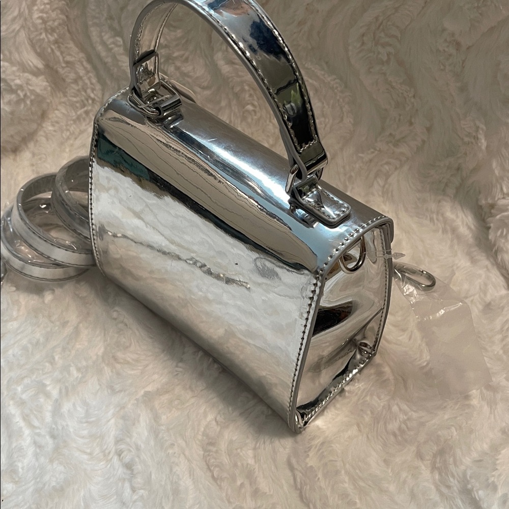 Shiny Metallic Silver Top-Handle Crossbody Bag - Picture 11 of 16